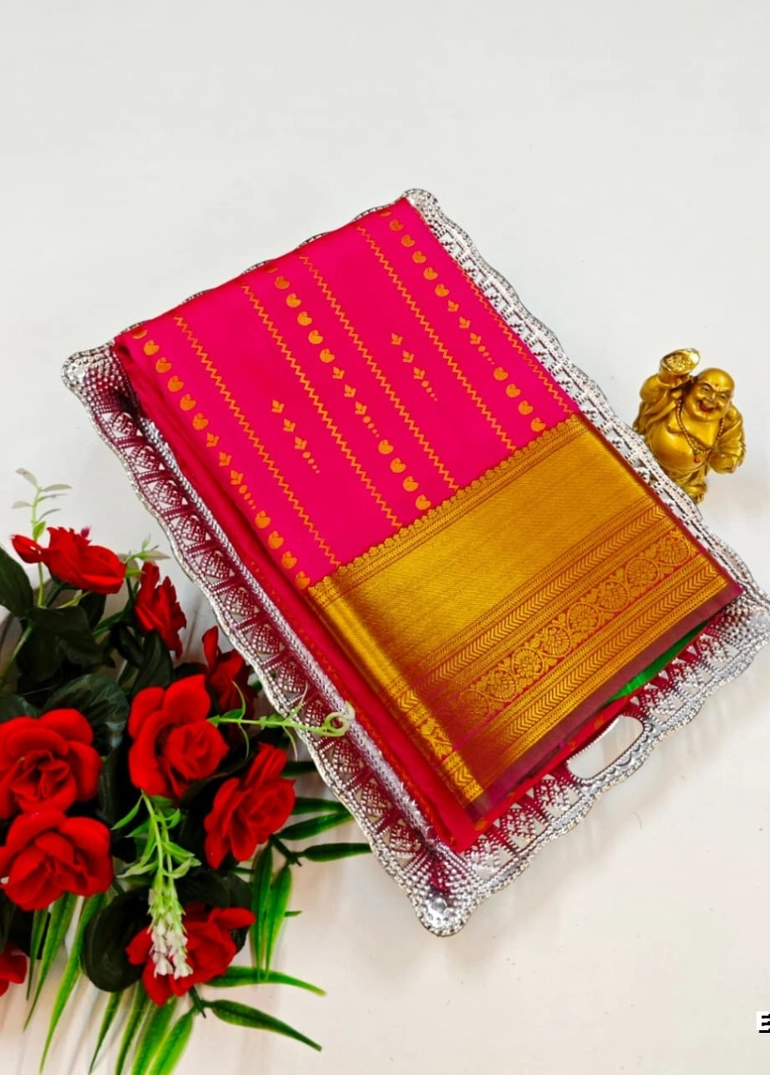 Pink Bridal silk gold silvar and copper zari weave and wedding art silk sarees